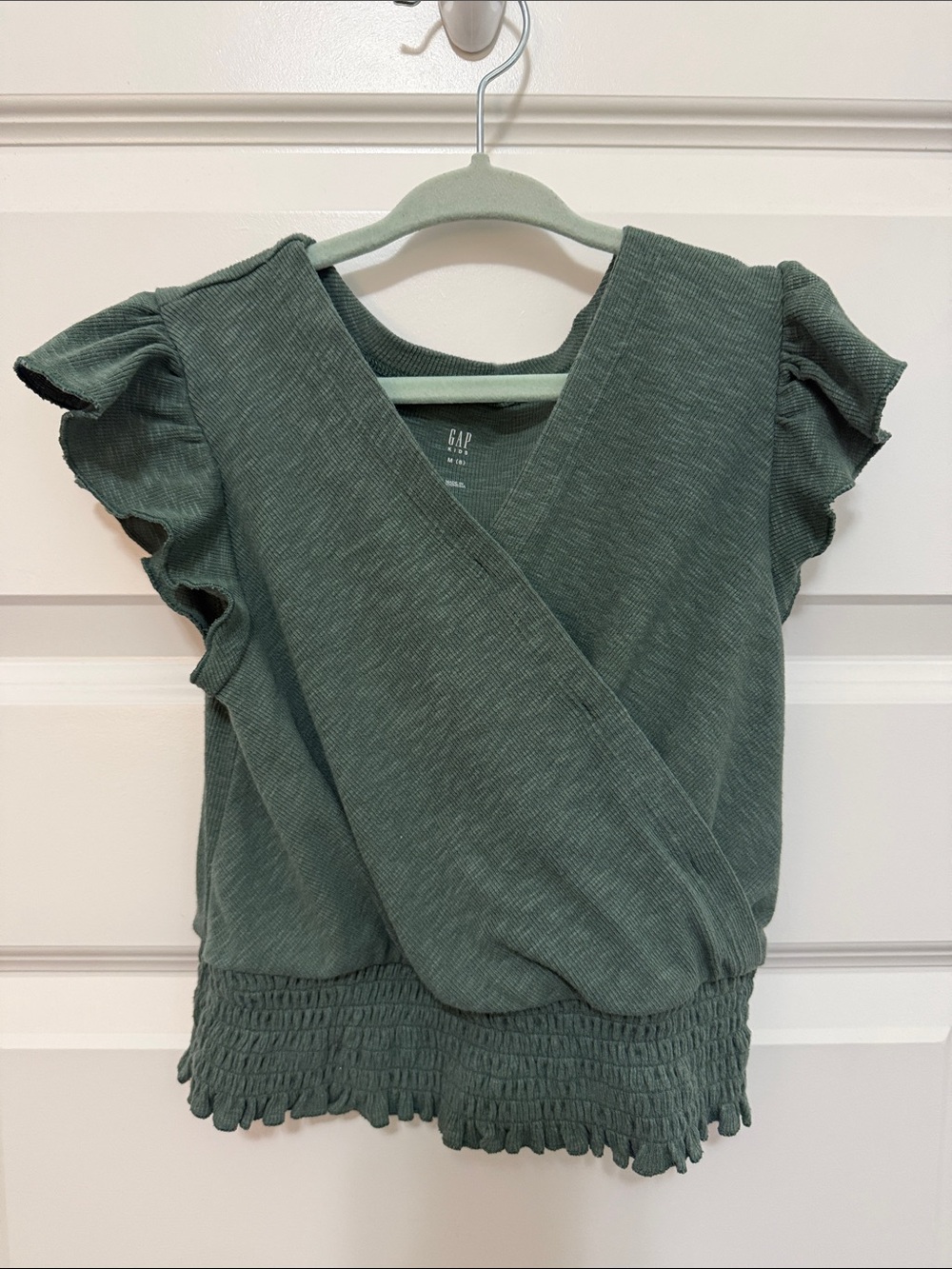 GAP Girls M/8 Sage Green Wrap-Style Ruffle Sleeve Top